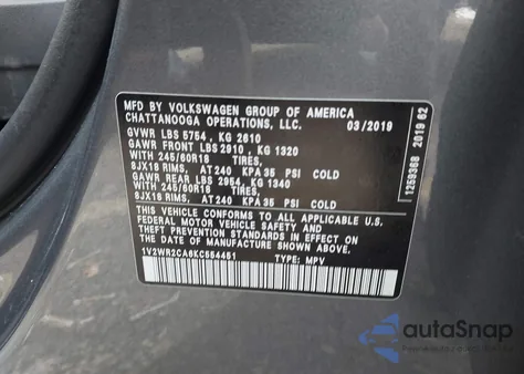 2019 Volkswagen Atlas 3.6L V6 Se W/Technology z USA, uszkodzony, nr VIN 1V2WR2CA6KC554451